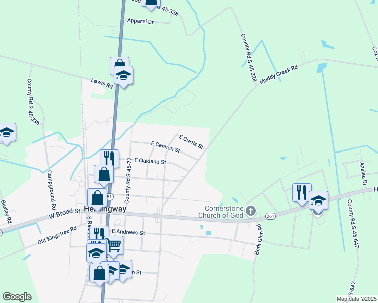 map of restaurants, bars, coffee shops, grocery stores, and more near 410 East Cannon Street in Hemingway