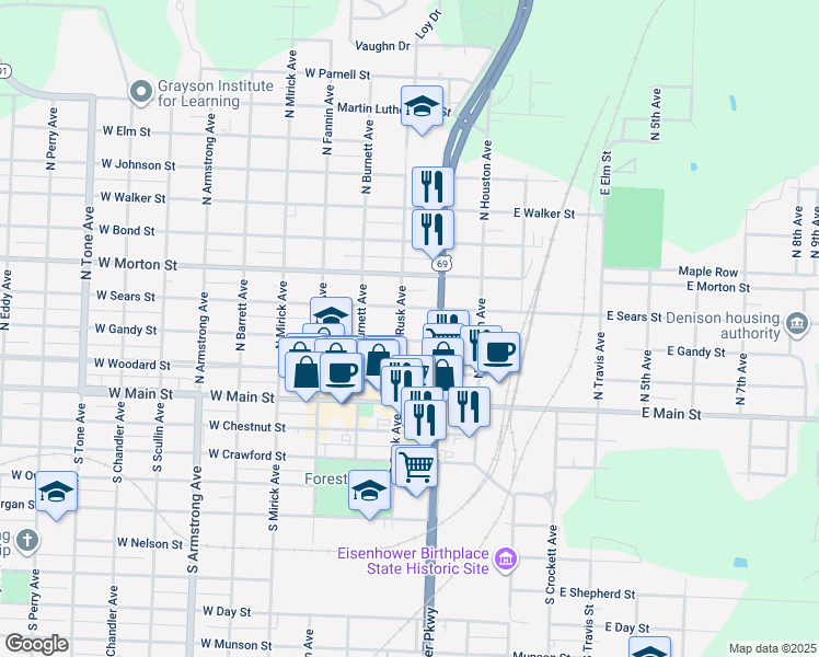 map of restaurants, bars, coffee shops, grocery stores, and more near 229 West Gandy Street in Denison