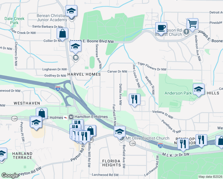map of restaurants, bars, coffee shops, grocery stores, and more near 140 Fairfield Place Northwest in Atlanta