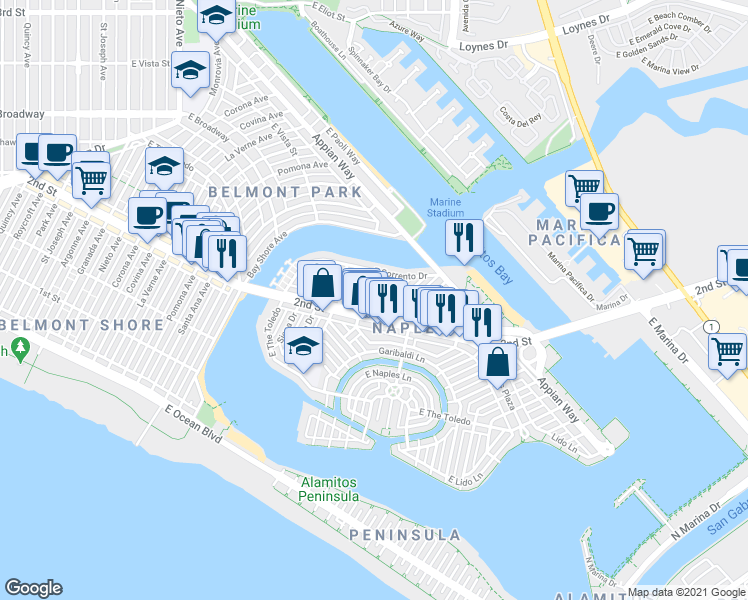 map of restaurants, bars, coffee shops, grocery stores, and more near 231 N San Remo Dr in Long Beach