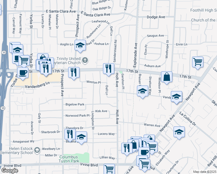 map of restaurants, bars, coffee shops, grocery stores, and more near 14142 Dall Lane in Tustin