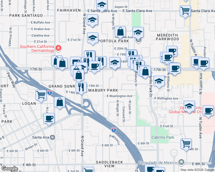 map of restaurants, bars, coffee shops, grocery stores, and more near 1401 Eastside Avenue in Santa Ana