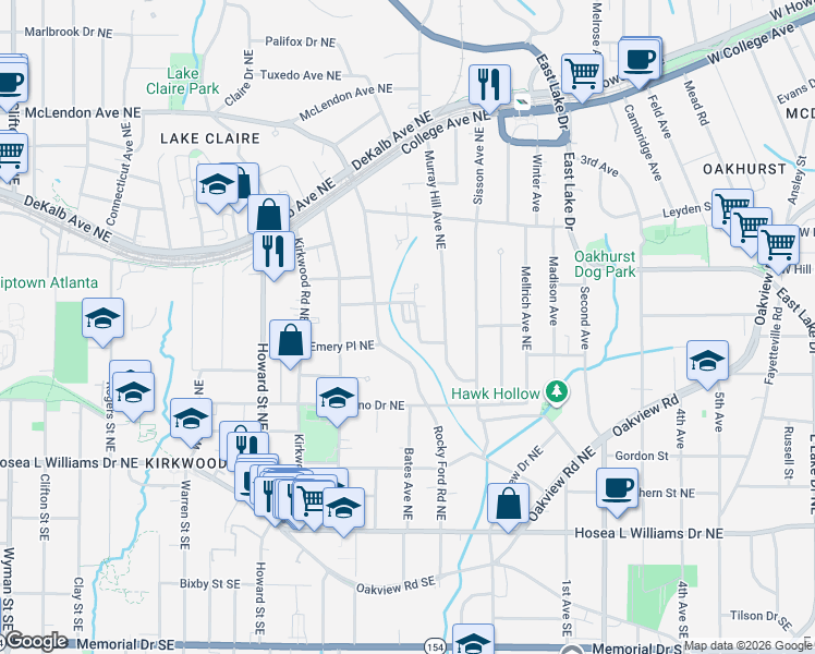 map of restaurants, bars, coffee shops, grocery stores, and more near 171 Rockyford Road Northeast in Atlanta