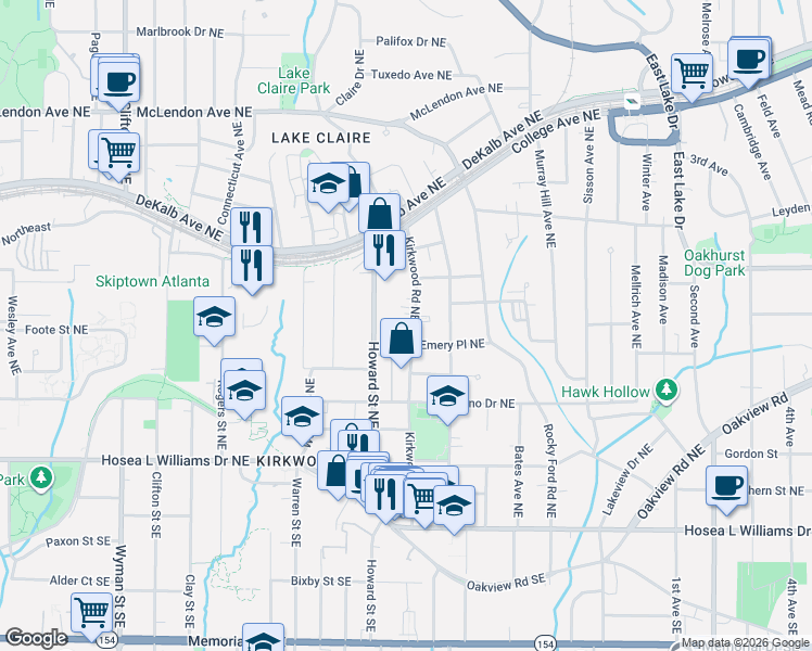 map of restaurants, bars, coffee shops, grocery stores, and more near 181 Howard Street Northeast in Atlanta