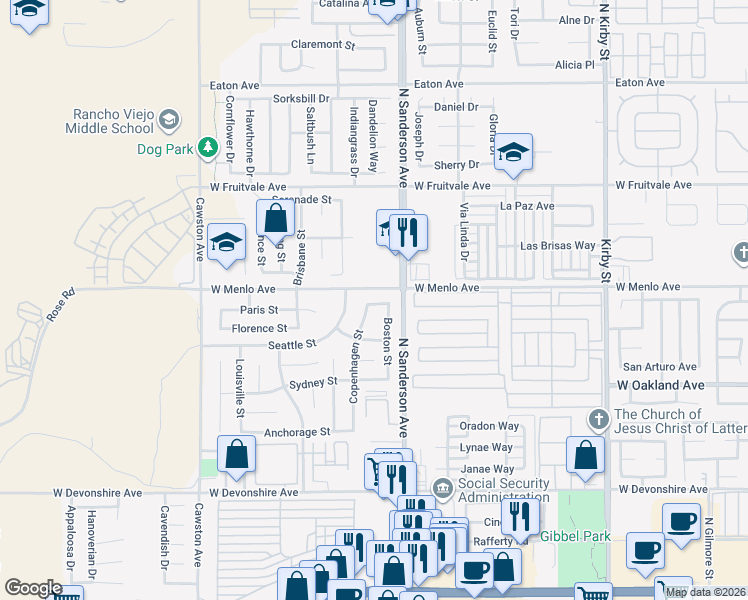 map of restaurants, bars, coffee shops, grocery stores, and more near 3430 Vancouver Street in Hemet