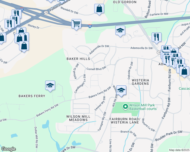 map of restaurants, bars, coffee shops, grocery stores, and more near 123 Burre Lane Southwest in Atlanta