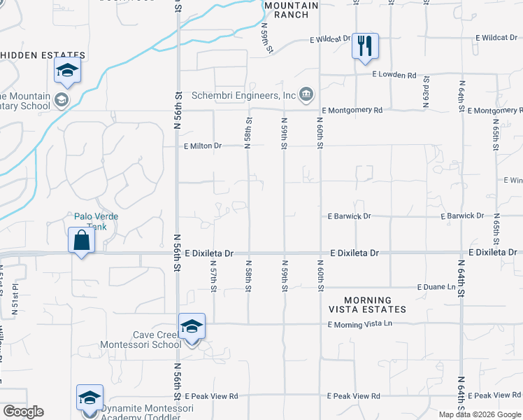 map of restaurants, bars, coffee shops, grocery stores, and more near 30009 North 58th Street in Cave Creek