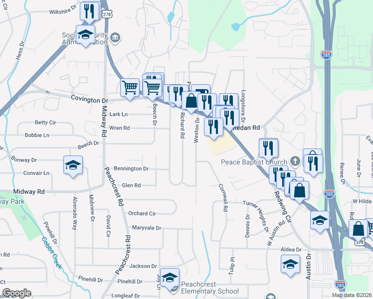 map of restaurants, bars, coffee shops, grocery stores, and more near 1395 Richard Road in Decatur