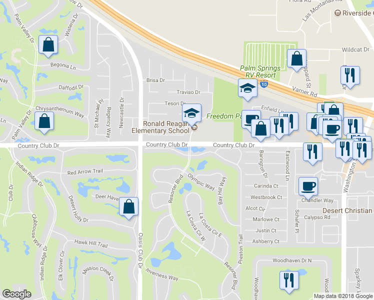 map of restaurants, bars, coffee shops, grocery stores, and more near 77333 Country Club Drive in Palm Desert