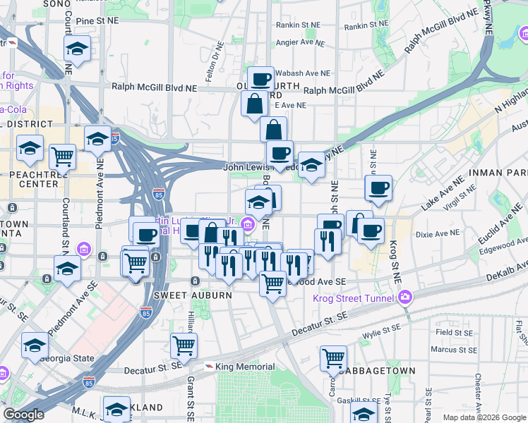 map of restaurants, bars, coffee shops, grocery stores, and more near 112 Boulevard Northeast in Atlanta