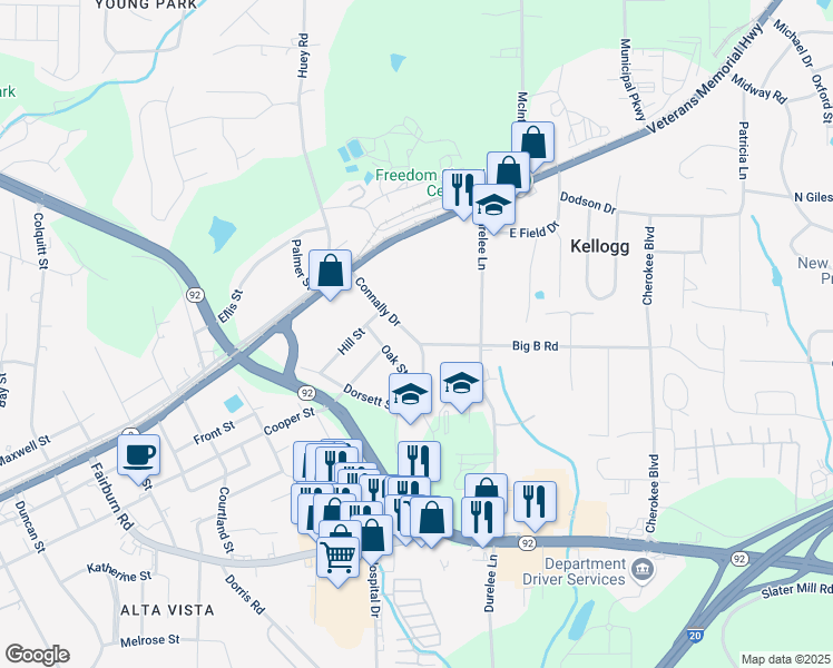 map of restaurants, bars, coffee shops, grocery stores, and more near 8136 Connally Drive in Douglasville