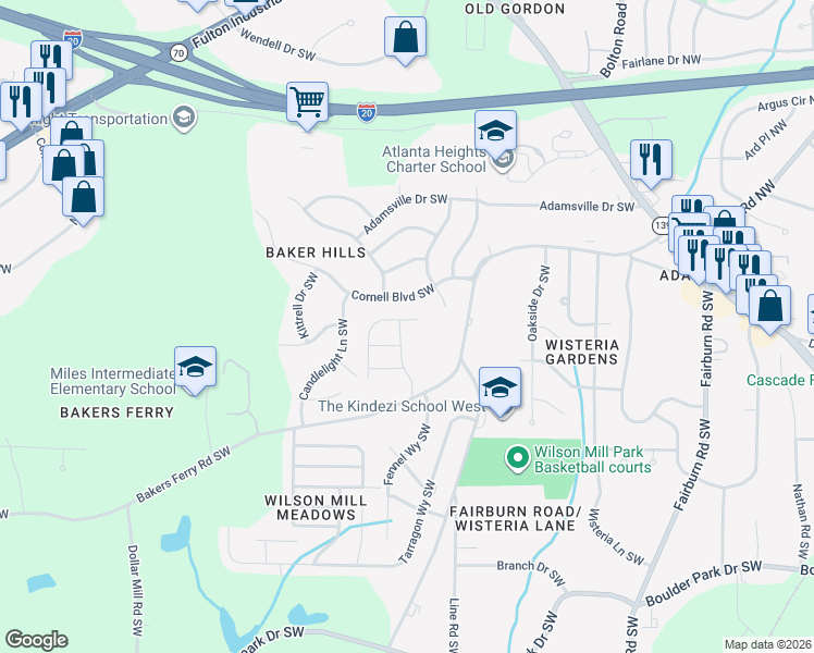 map of restaurants, bars, coffee shops, grocery stores, and more near 133 Burre Lane Southwest in Atlanta