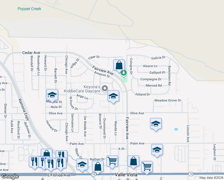map of restaurants, bars, coffee shops, grocery stores, and more near 25085 PENANG Drive in Hemet