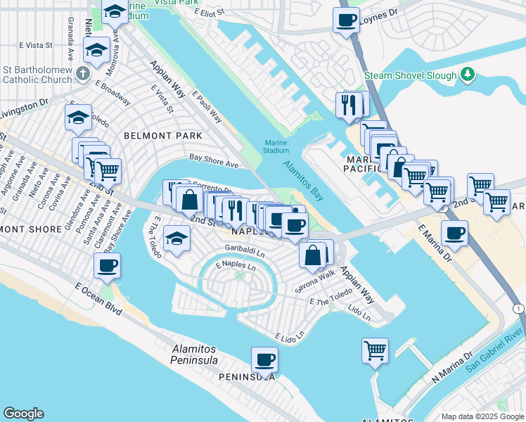 map of restaurants, bars, coffee shops, grocery stores, and more near 103 North Ravenna Drive in Long Beach