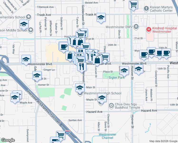 map of restaurants, bars, coffee shops, grocery stores, and more near 7055 Brentwood Lane in Westminster