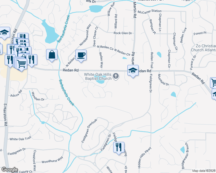 map of restaurants, bars, coffee shops, grocery stores, and more near 5076 Plantation View Trail in Stone Mountain