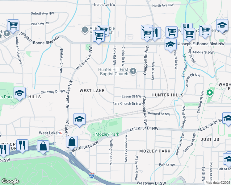 map of restaurants, bars, coffee shops, grocery stores, and more near 99 Holly Road Northwest in Atlanta