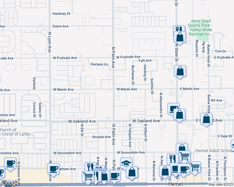 map of restaurants, bars, coffee shops, grocery stores, and more near 681 Taschner Drive in Hemet