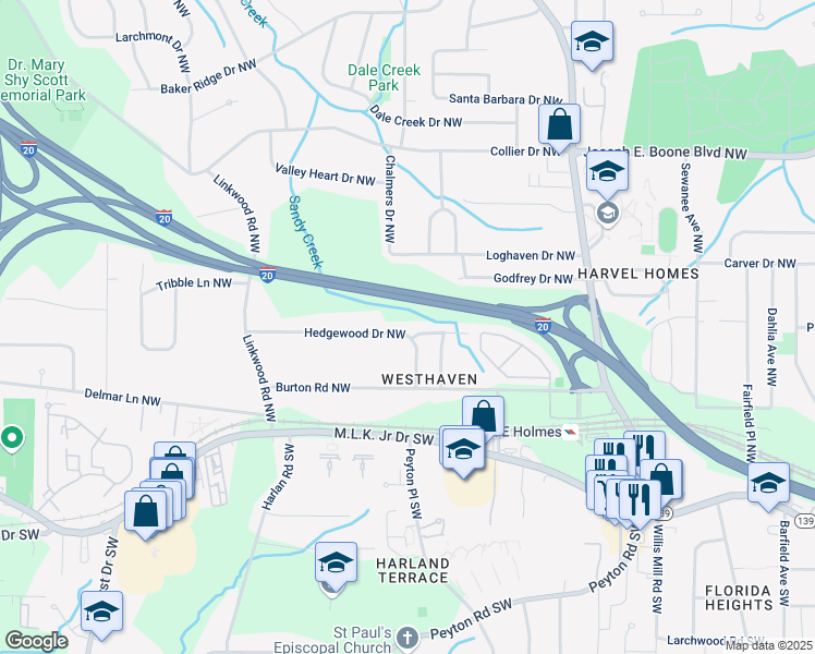 map of restaurants, bars, coffee shops, grocery stores, and more near 2717 Hedgewood Drive Northwest in Atlanta