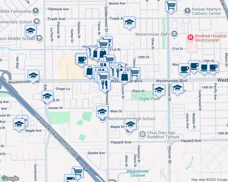 map of restaurants, bars, coffee shops, grocery stores, and more near 7055 Brentwood Lane in Westminster