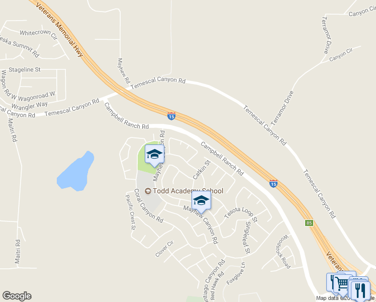 map of restaurants, bars, coffee shops, grocery stores, and more near 24932 Greenbrier Court in Corona