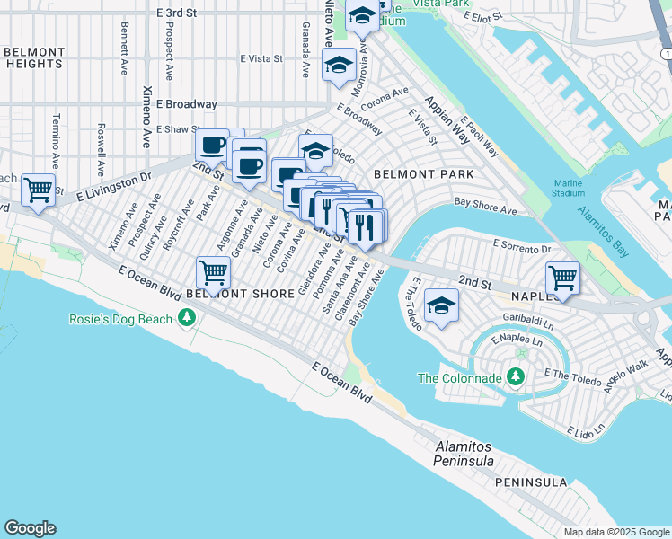 map of restaurants, bars, coffee shops, grocery stores, and more near 162 Pomona Avenue in Long Beach