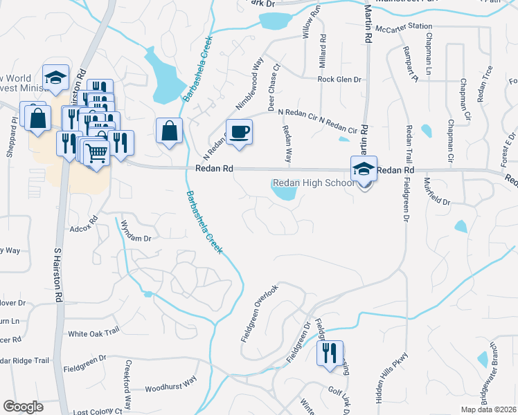map of restaurants, bars, coffee shops, grocery stores, and more near 1221 Lakeview Crossing in Stone Mountain