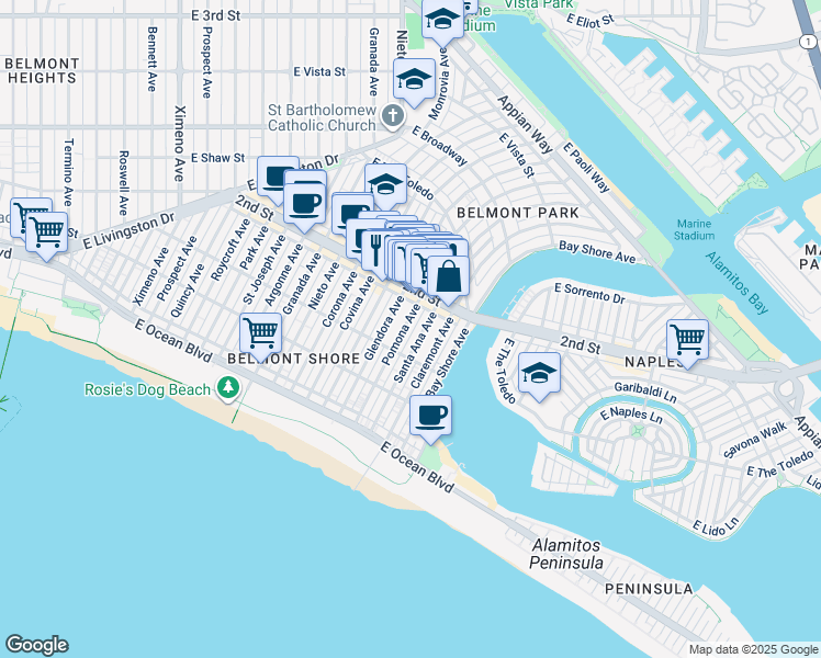 map of restaurants, bars, coffee shops, grocery stores, and more near 162 Pomona Avenue in Long Beach