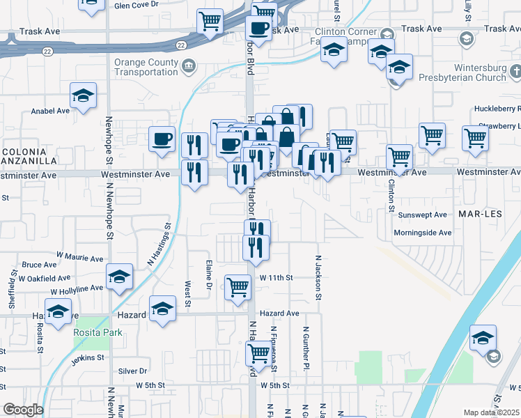 map of restaurants, bars, coffee shops, grocery stores, and more near 1421 North Harbor Boulevard in Santa Ana