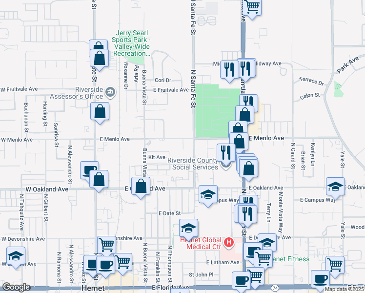 map of restaurants, bars, coffee shops, grocery stores, and more near 771 East Menlo Avenue in Hemet