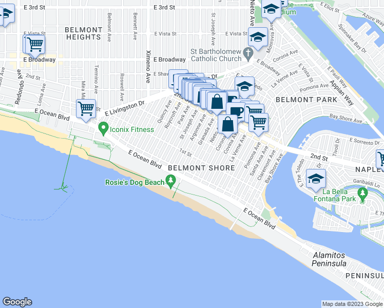 map of restaurants, bars, coffee shops, grocery stores, and more near 60 Argonne Avenue in Long Beach