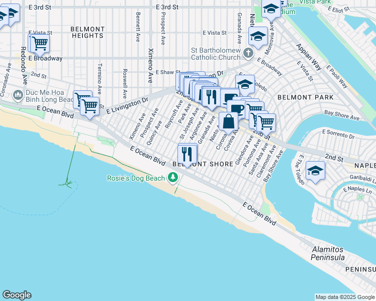 map of restaurants, bars, coffee shops, grocery stores, and more near 60 Argonne Avenue in Long Beach