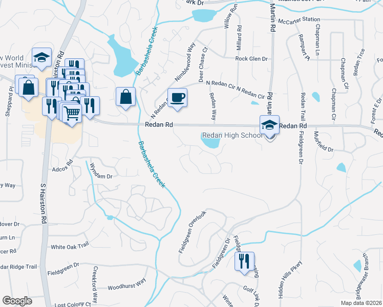 map of restaurants, bars, coffee shops, grocery stores, and more near 1221 Lakeview Crossing in Stone Mountain