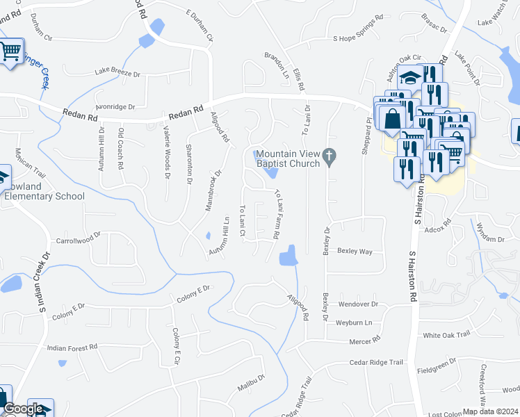 map of restaurants, bars, coffee shops, grocery stores, and more near 1198 To Lani Court in Stone Mountain