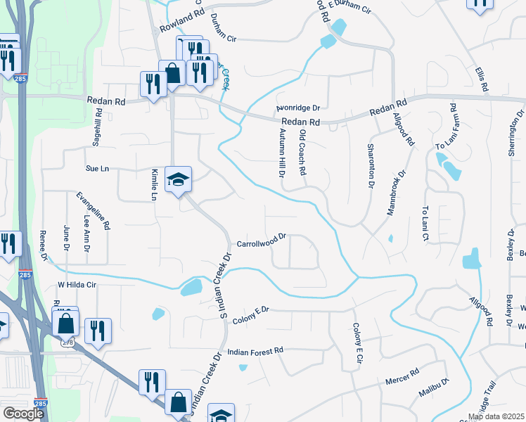 map of restaurants, bars, coffee shops, grocery stores, and more near 4215 Teakwood Court in Stone Mountain