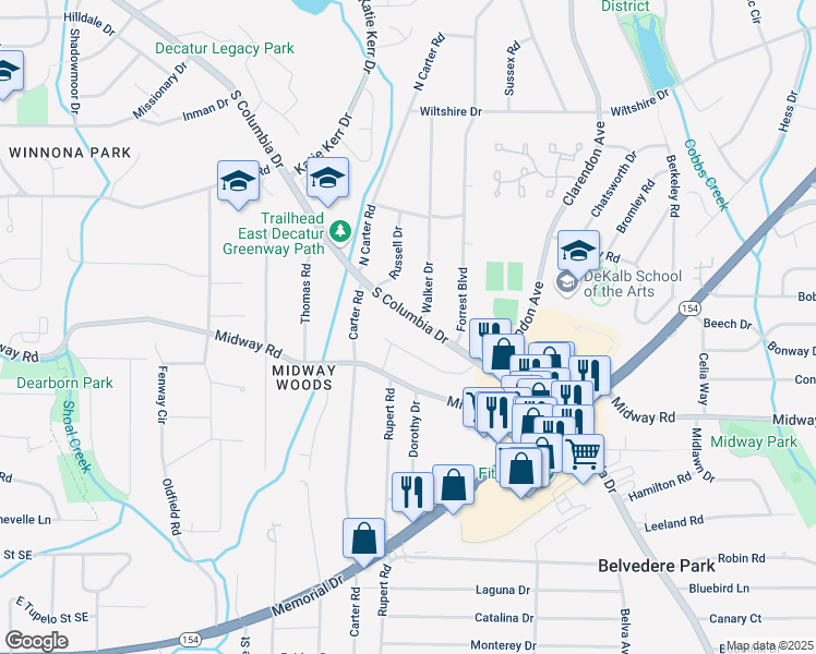 map of restaurants, bars, coffee shops, grocery stores, and more near 991 South Columbia Drive in Decatur
