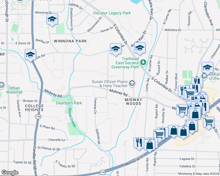 map of restaurants, bars, coffee shops, grocery stores, and more near 1265 Oldfield Road in Decatur