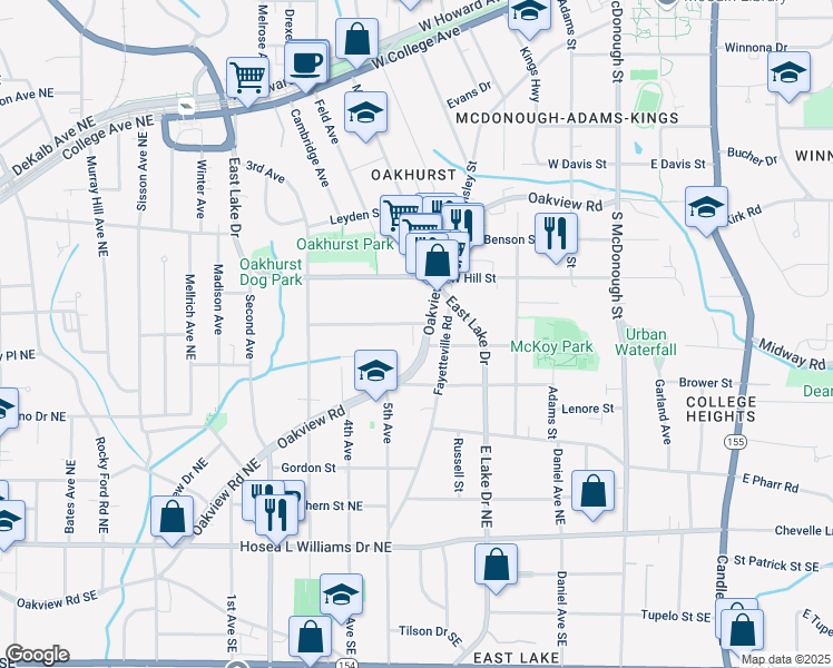 map of restaurants, bars, coffee shops, grocery stores, and more near 1111 Oakview Road in Decatur
