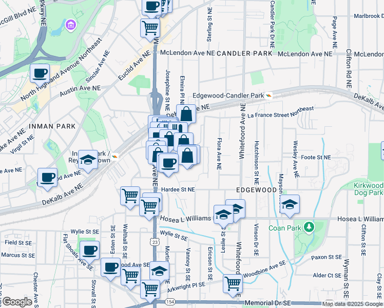 map of restaurants, bars, coffee shops, grocery stores, and more near 1261 Caroline Street Northeast in Atlanta