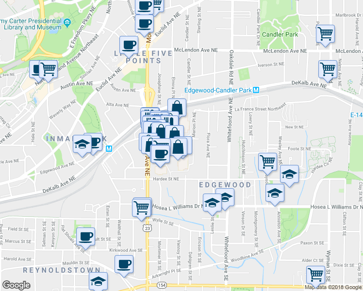 map of restaurants, bars, coffee shops, grocery stores, and more near 1261 Caroline Street Northeast in Atlanta