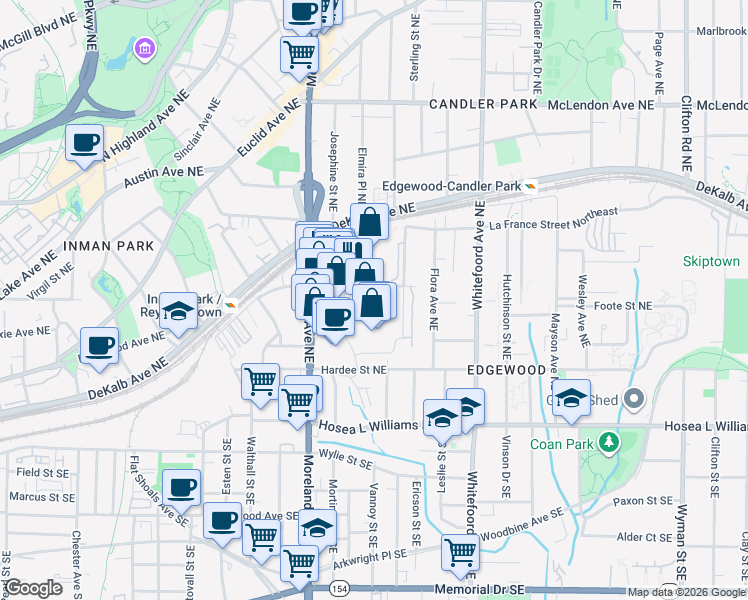 map of restaurants, bars, coffee shops, grocery stores, and more near 1261 Caroline Street Northeast in Atlanta