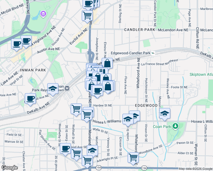 map of restaurants, bars, coffee shops, grocery stores, and more near 1261 Caroline Street Northeast in Atlanta