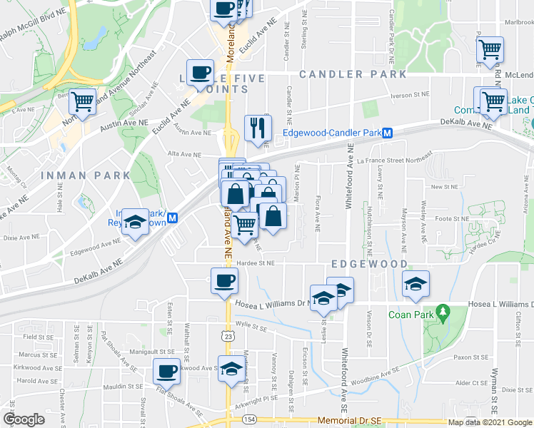 map of restaurants, bars, coffee shops, grocery stores, and more near 1261 Caroline Street Northeast in Atlanta