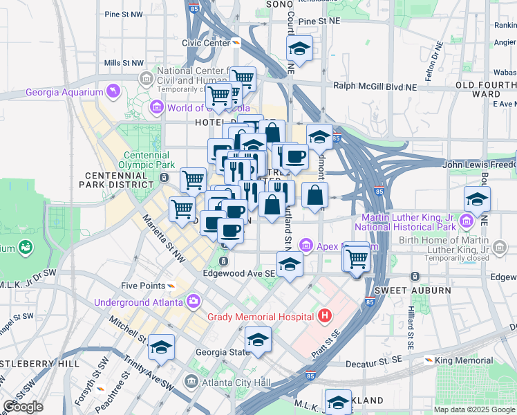 map of restaurants, bars, coffee shops, grocery stores, and more near in Atlanta