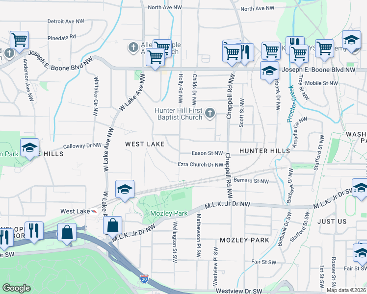 map of restaurants, bars, coffee shops, grocery stores, and more near 99 Holly Road Northwest in Atlanta