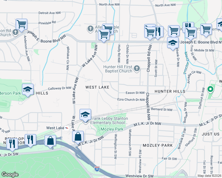 map of restaurants, bars, coffee shops, grocery stores, and more near 1583 Ezra Church Drive Northwest in Atlanta