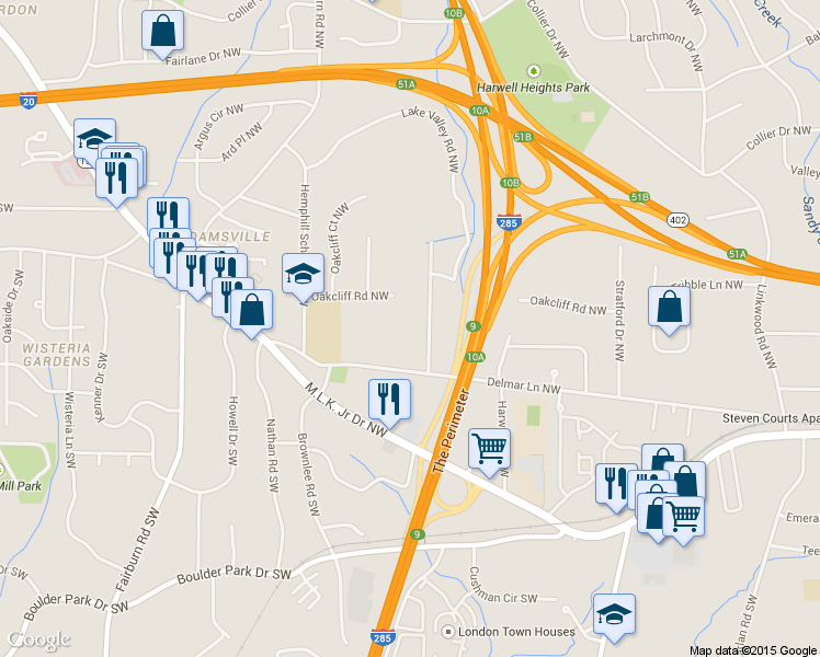 map of restaurants, bars, coffee shops, grocery stores, and more near 3325 Delmar Lane Northwest in Atlanta