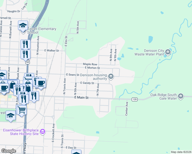 map of restaurants, bars, coffee shops, grocery stores, and more near 637 East Gandy Street in Denison