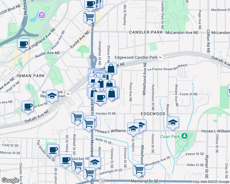 map of restaurants, bars, coffee shops, grocery stores, and more near 1261 Caroline Street Northeast in Atlanta