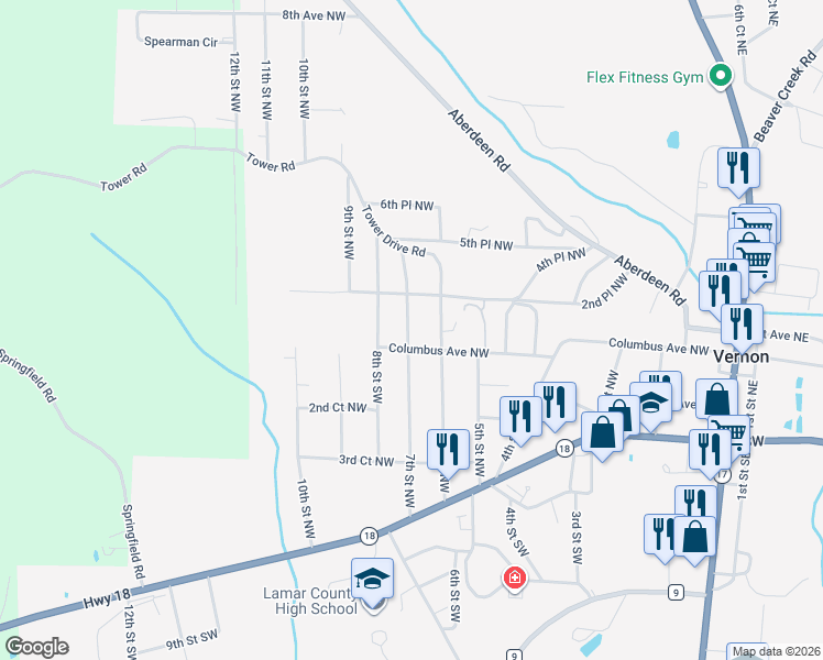 map of restaurants, bars, coffee shops, grocery stores, and more near 501-563 7th Street Northwest in Vernon